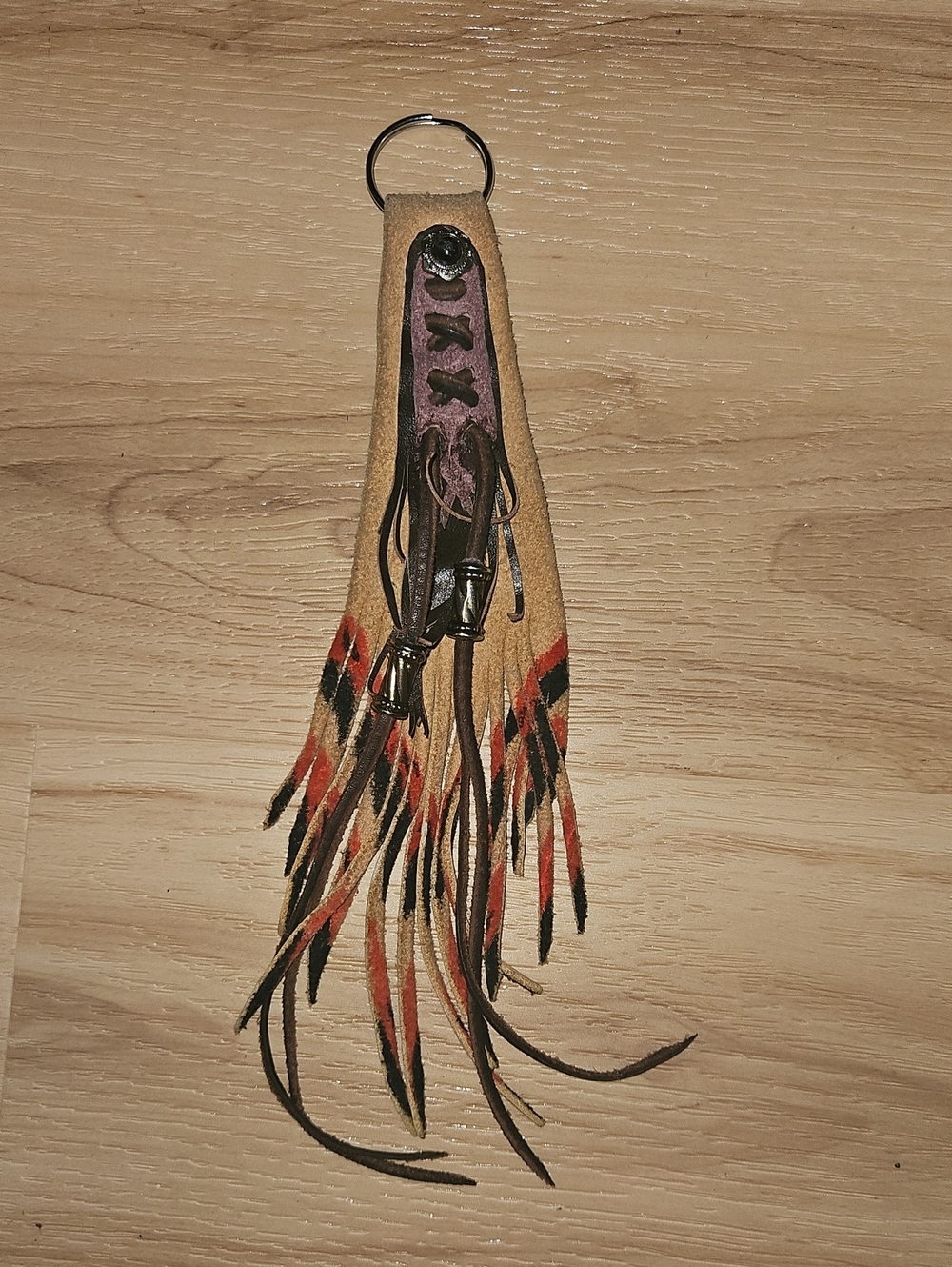 Fringed Leather Keychain Tassel in Tan, Red & Black